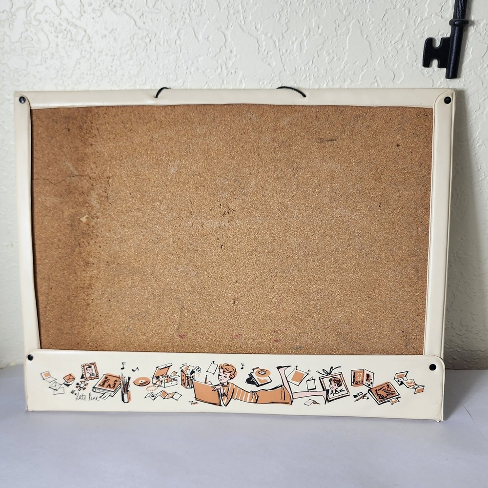 Vintage Mid Century Modern Date Line Cork Bulletin Board Retro Girl Vinyl Frame